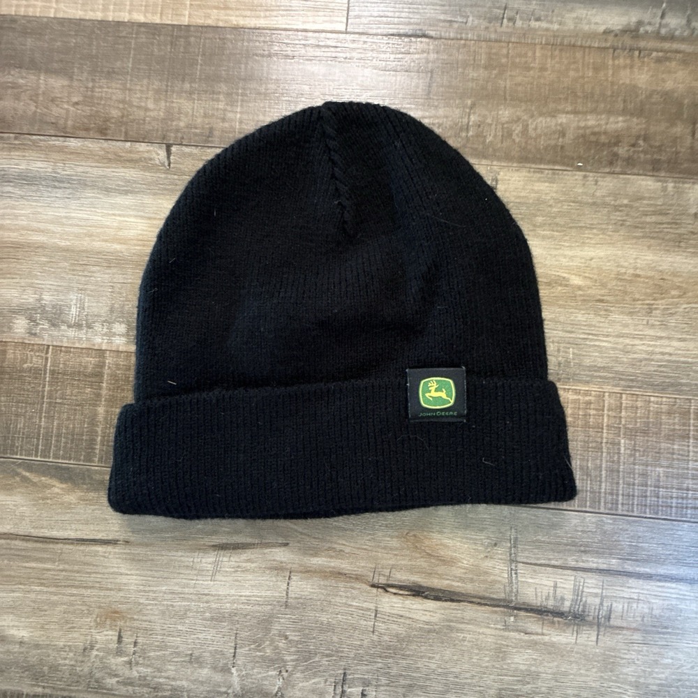 John Deere Black Knit Cuff Beanie Hat One Size Icon Logo Patch Tractor Farm